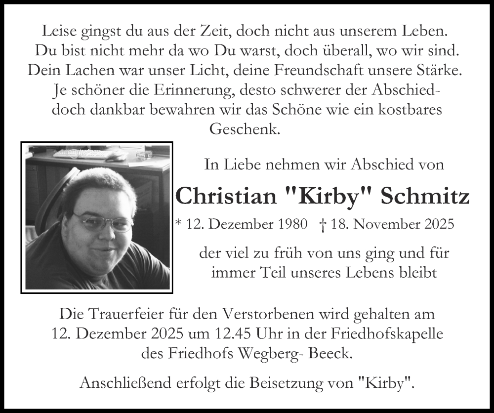 Traueranzeige für Christian 'Kirby' Schmitz